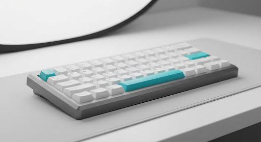 AI example of a white and teal keyboard on a studio surface