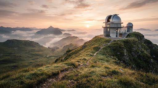 PDF reference frame of a hilltop observatory at dawn with an uphill path