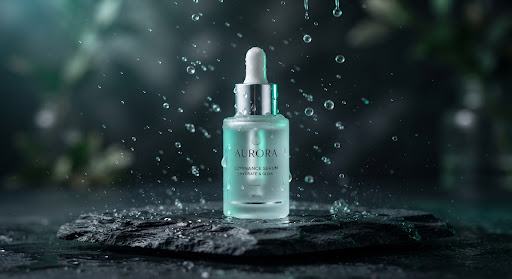 Botanical serum bottle surrounded by water droplets in a dark cinematic studio
