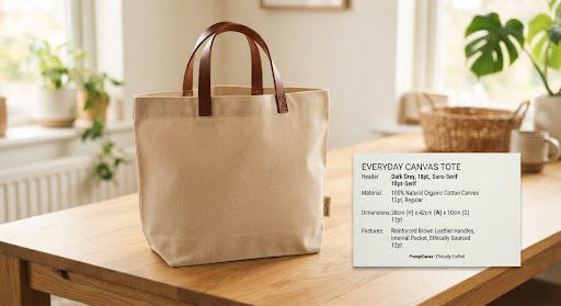 Illustrative Everyday Canvas Tote on a wooden table beside a product specification card.