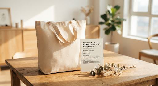 Cotton canvas tote displayed beside a product FAQ reference card.