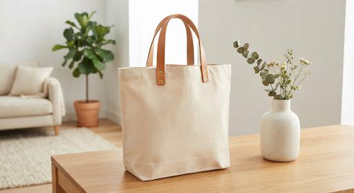 Canvas tote on a warm oak table in a light, minimally styled room.