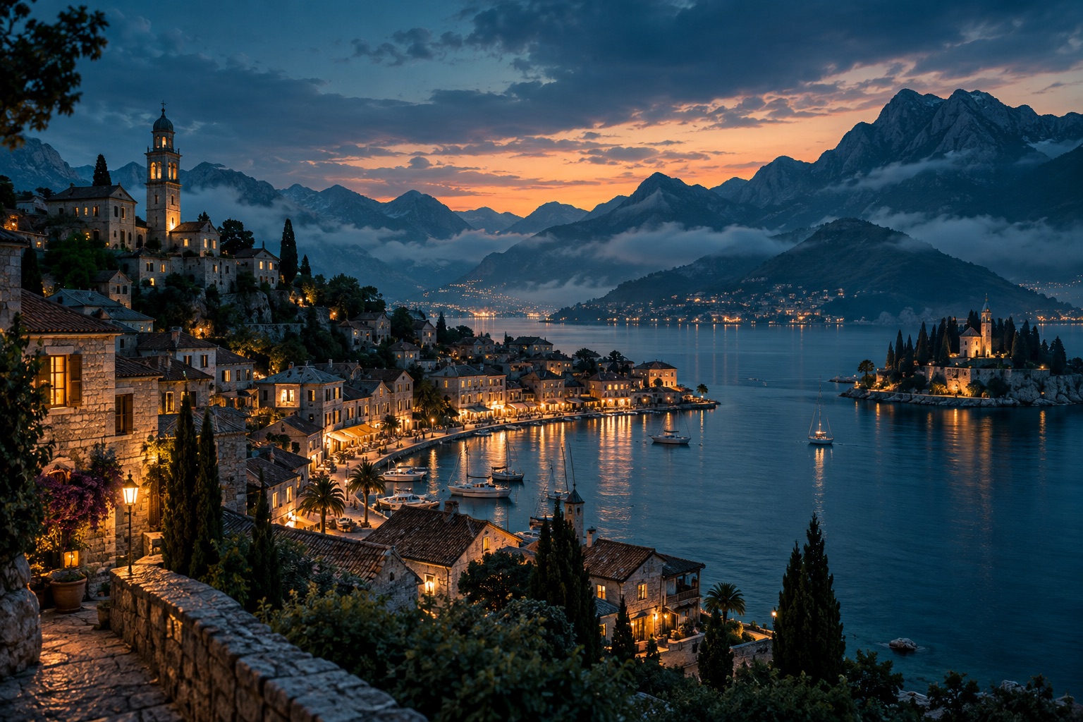 Cinematic coastal town at blue hour with mountains and warm waterfront lights
