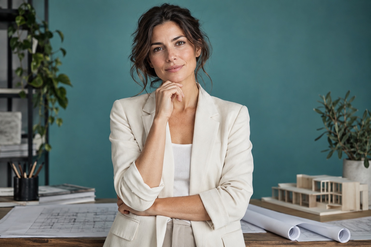 Editorial portrait of an architect in a softly lit studio