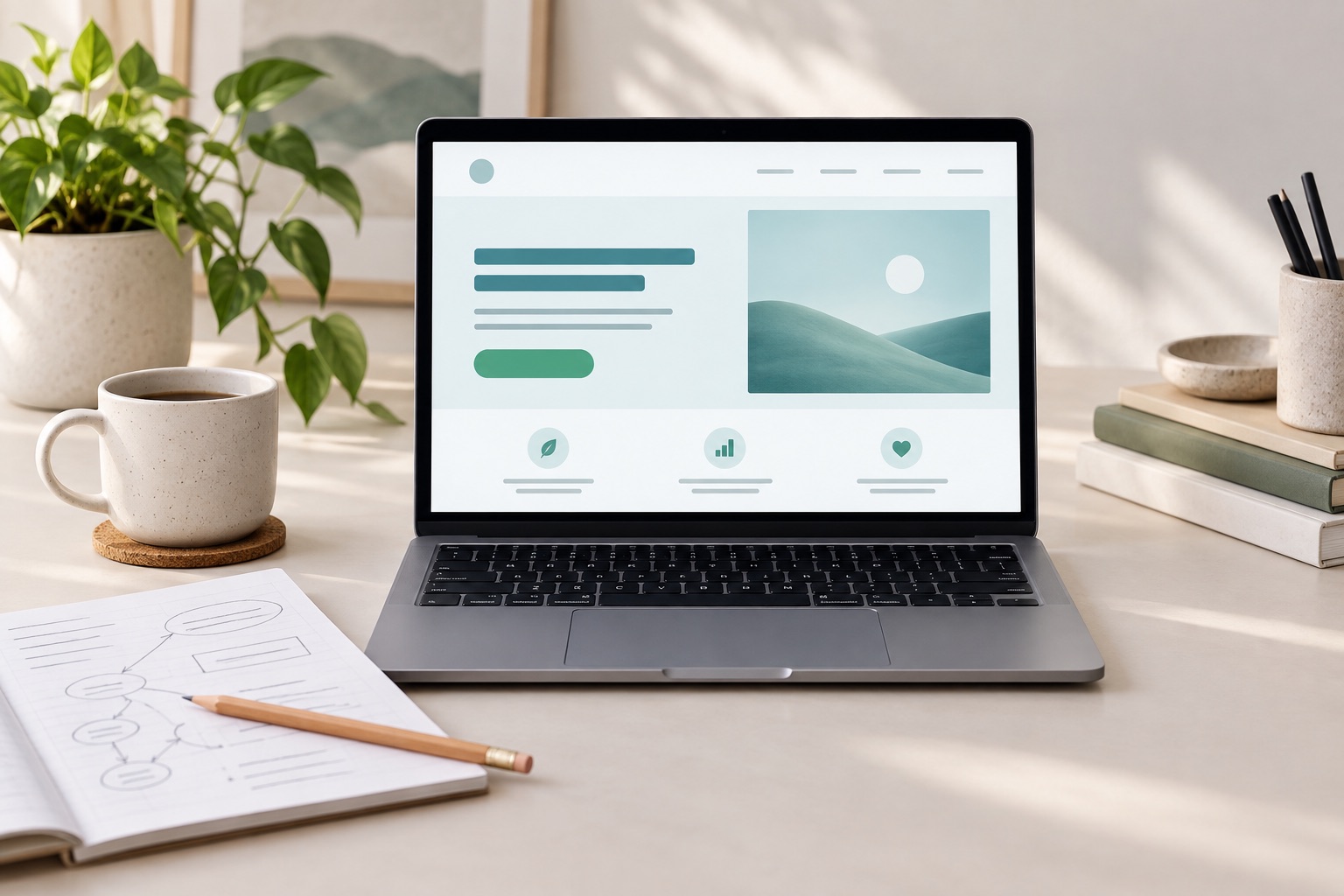 Laptop displaying a landing page beside copywriting notes