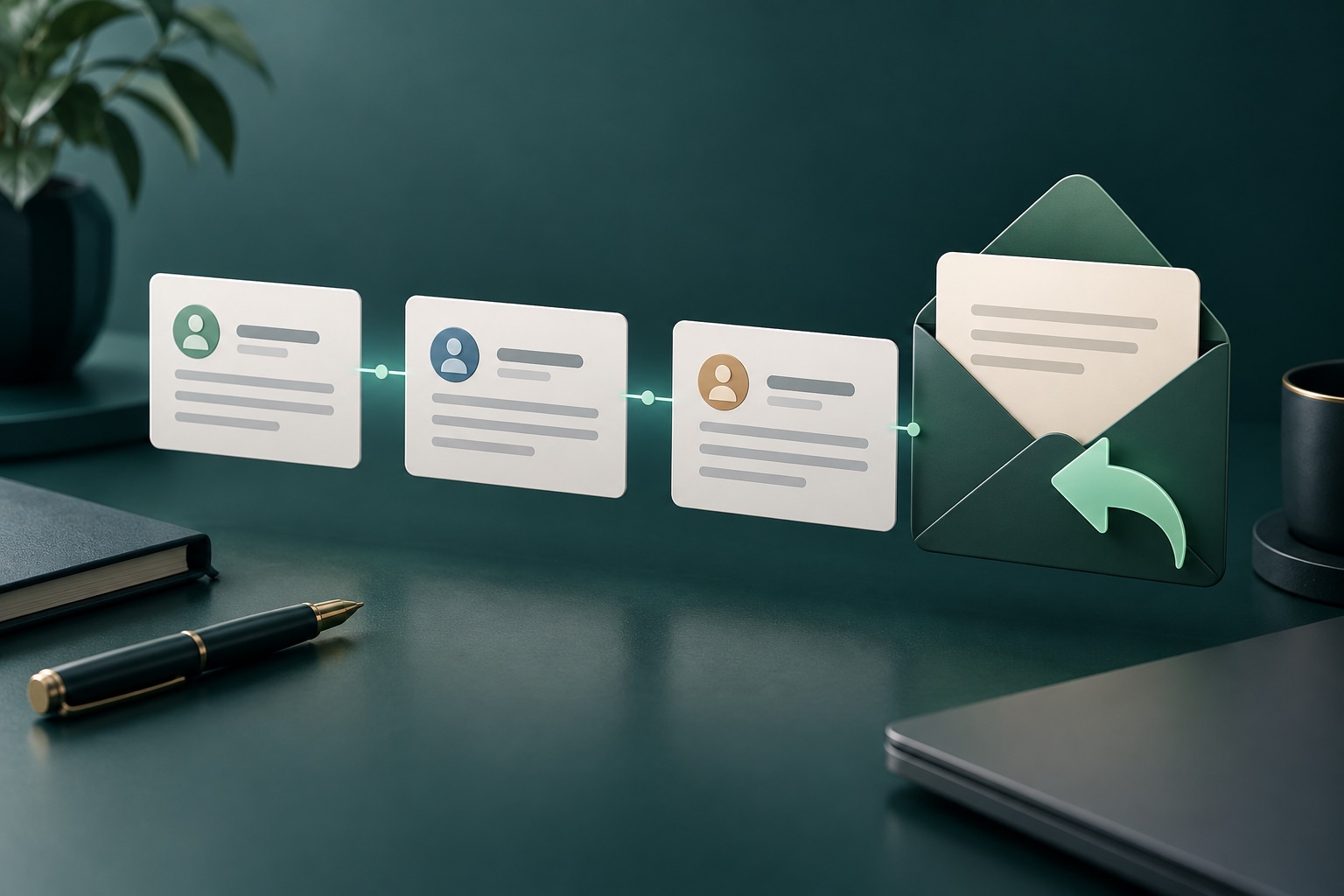 Three business outreach messages connected to an envelope
