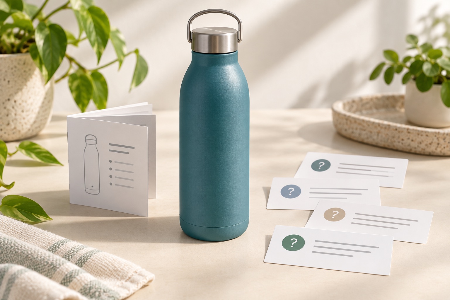 Teal water bottle with product instructions and question cards