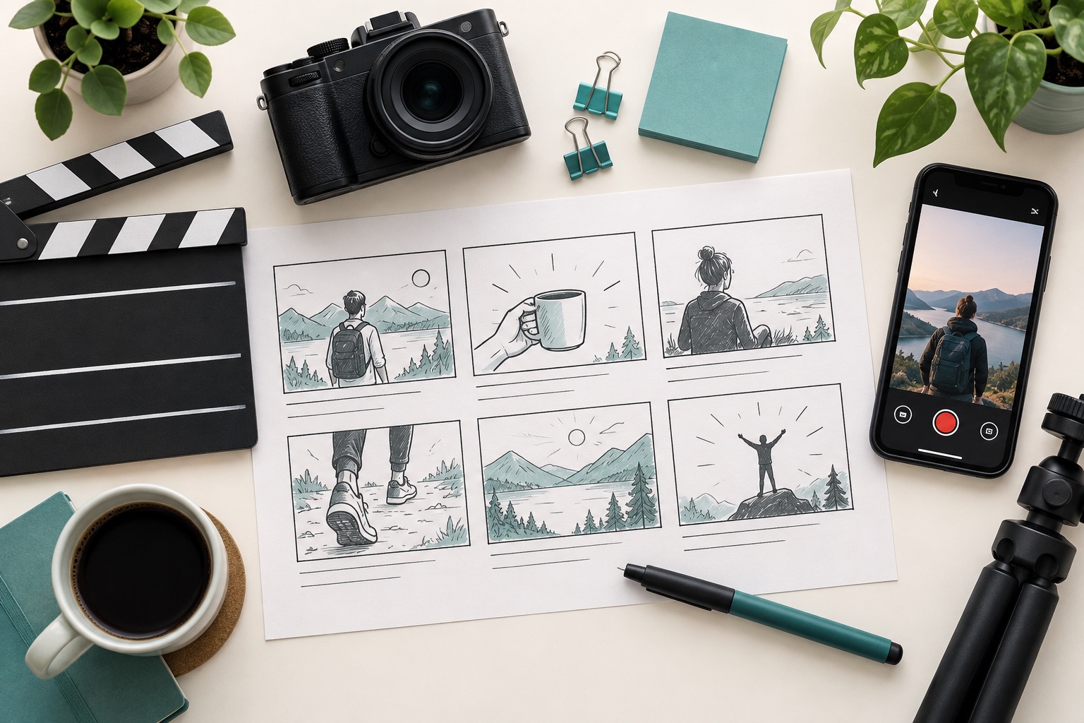 Video storyboard with camera, clapperboard and phone