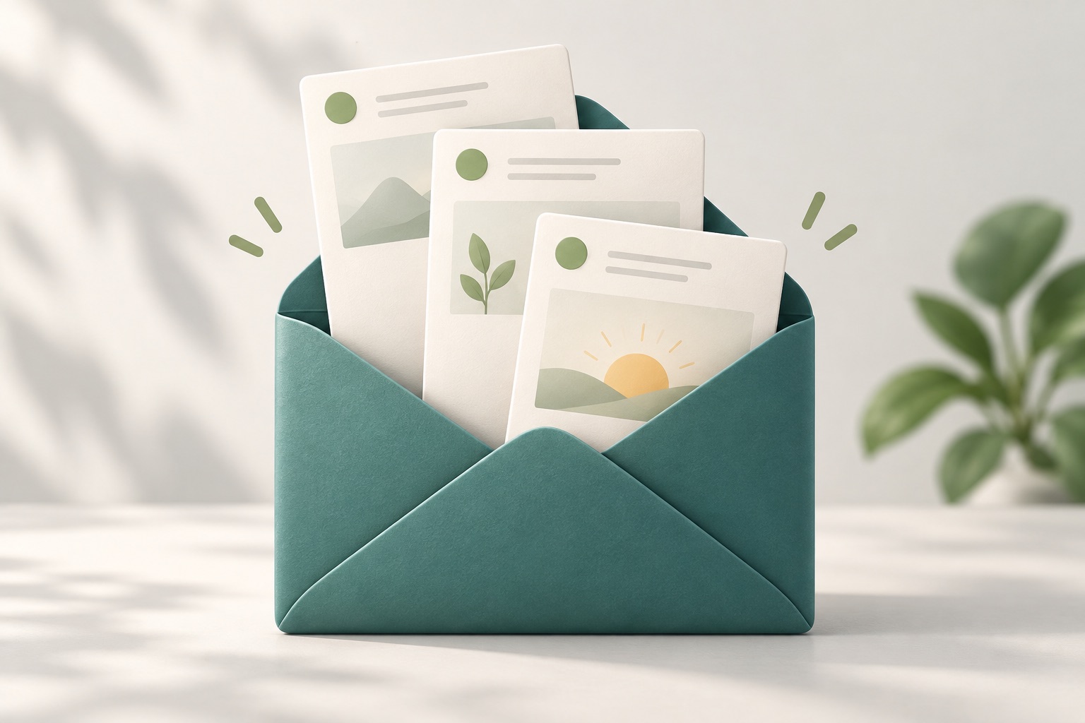 Three welcome email cards in a teal envelope
