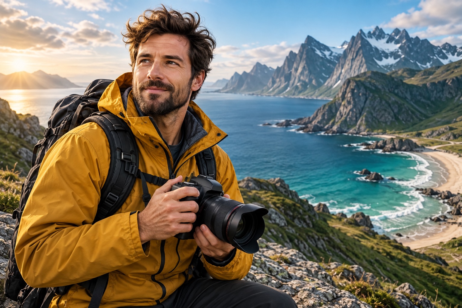Travel photographer with a camera overlooking coastal mountains