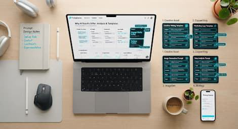 Prompt template workflow with a laptop, reference notes and organized example prompts.