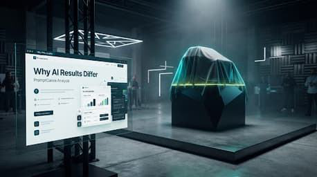 Cinematic product reveal concept in a dark studio beside an AI workflow screen.
