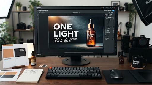 Reference art direction: a monitor showing an amber bottle thumbnail with ONE LIGHT lettering.