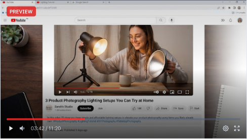 Illustrative YouTube preview of a creator demonstrating product photography lighting with tabletop lamps.